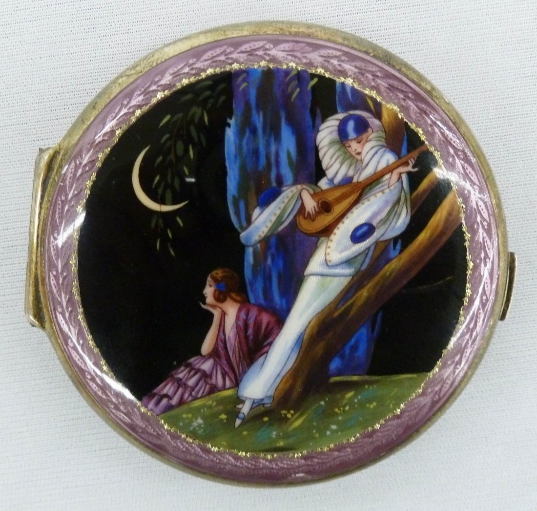 Birks ''Pierrot's Serenade'' Enameled Sterling Com: Birks ''Pierrot's Serenade'' Enameled Sterling Compact with Lavender Guilloche 2.5'' Diameter