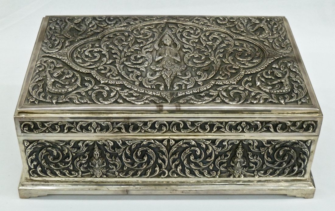Siam Sterling Large Humidor Box 11''x7.25''. Lined: Siam Sterling Large Humidor Box 11''x7.25''. Lined with wood and filled sides. Weighing a total of 44 troy ounces.