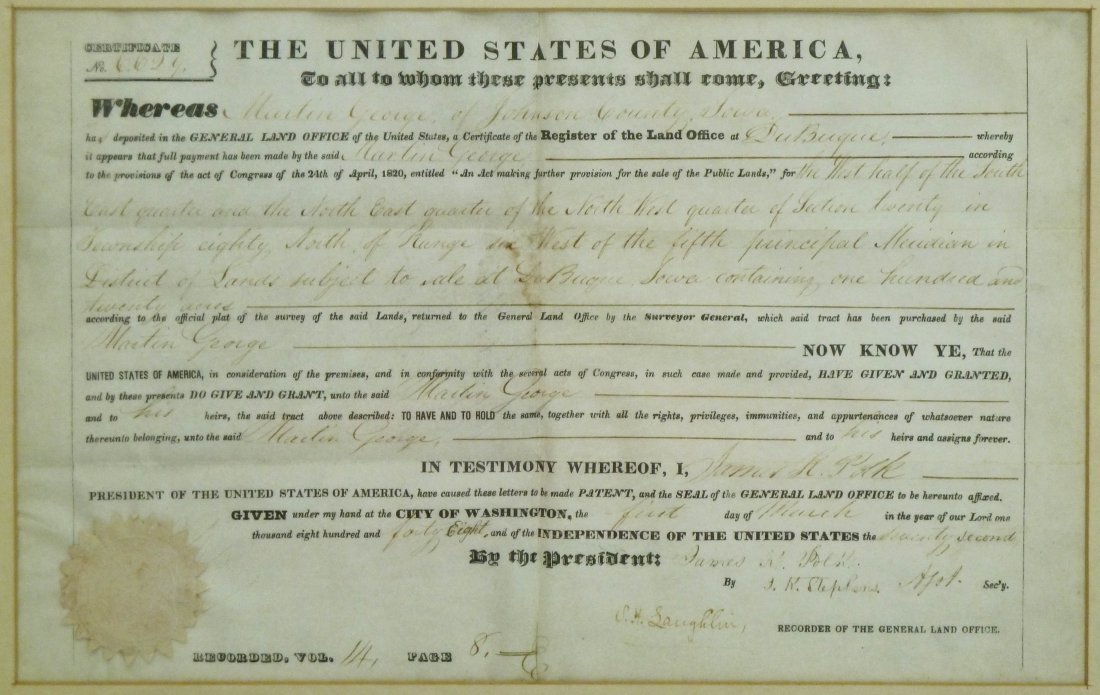 James Polk Presidential Signed Land Deed 1848 Docu: James Polk Presidential Signed Land Deed 1848 Document 9.5''x15.5''. Framed in display 20.5''x21''.
