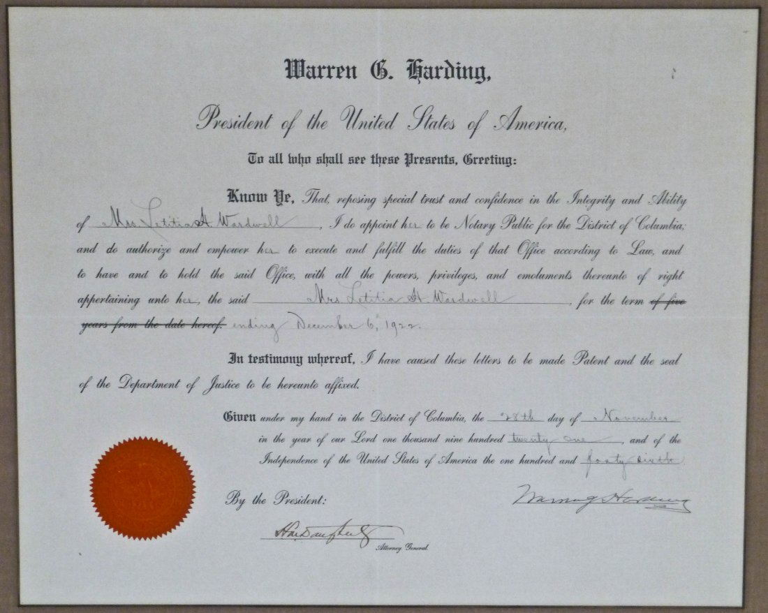 Warren Harding Presidential Signed Appointment 192: Warren Harding Presidential Signed Appointment 1921 Document for Notary 13.75''x16.75'' Image. Framed.