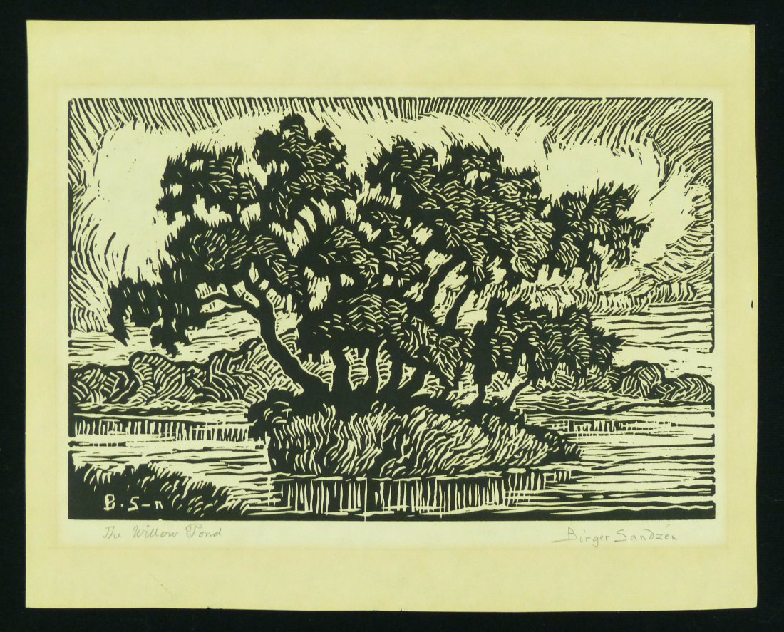 Birger Sandzen ''The Willow Pond'' Pencil Signed W: Birger Sandzen ''The Willow Pond'' Pencil Signed Woodblock Print 6''x9'' Image. Matt burn around margins. Sheet size 8.25''x10.25''. Loose.