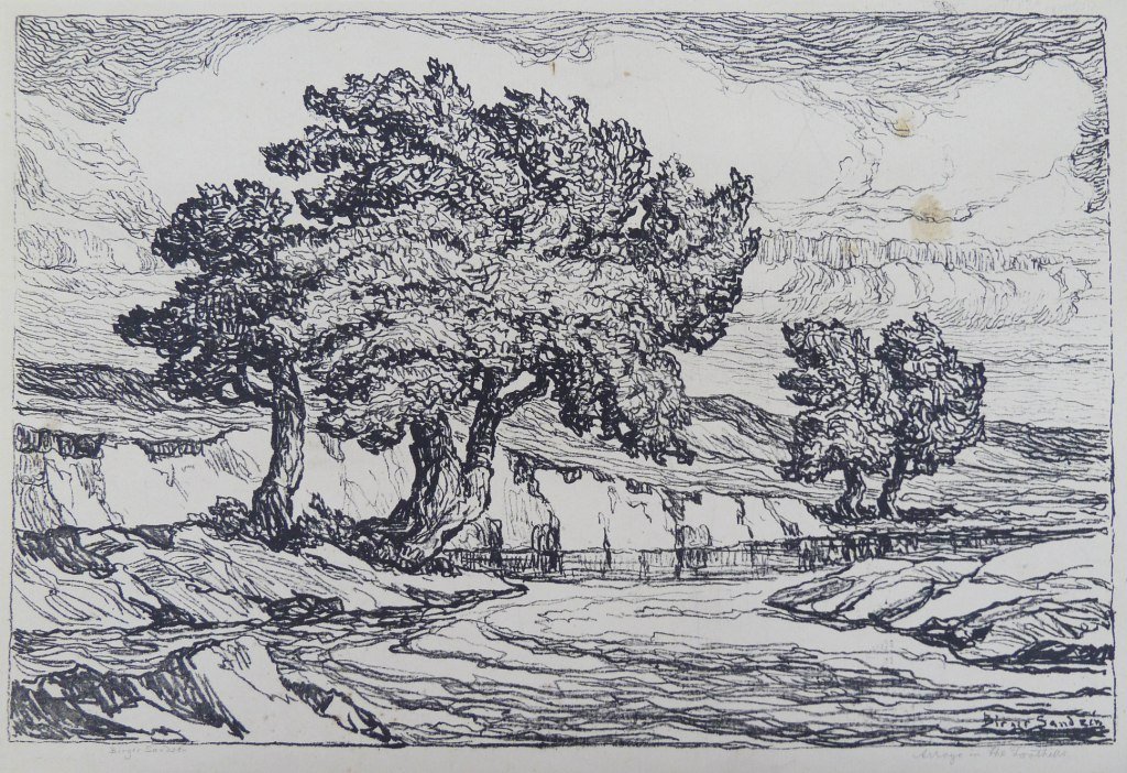 Birger Sandzen ''Arroyo in the Foothills'' Pencil : Birger Sandzen ''Arroyo in the Foothills'' Pencil Signed Lithograph Print 15''x22.5'' Sheet Size. Staining upper right. Some slight foxing. Loose.