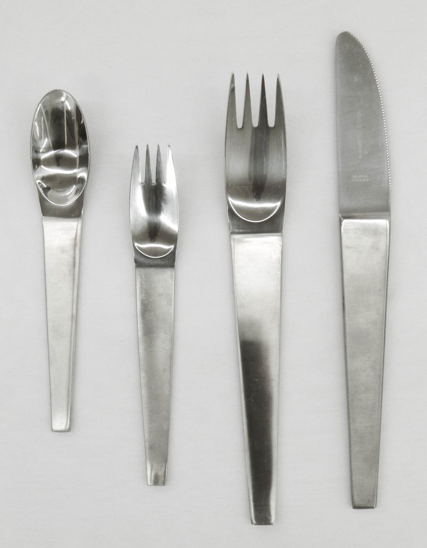 Amboss Austrian ''Maestro'' Pattern (48) Pieces St: Amboss Austrian ''Maestro'' Pattern (48) Pieces Stainless Steel Flatware Set Designed by Carl Aubock. Includes (12) of each piece, unused in their original boxes. Some in original plastic. Box for kni