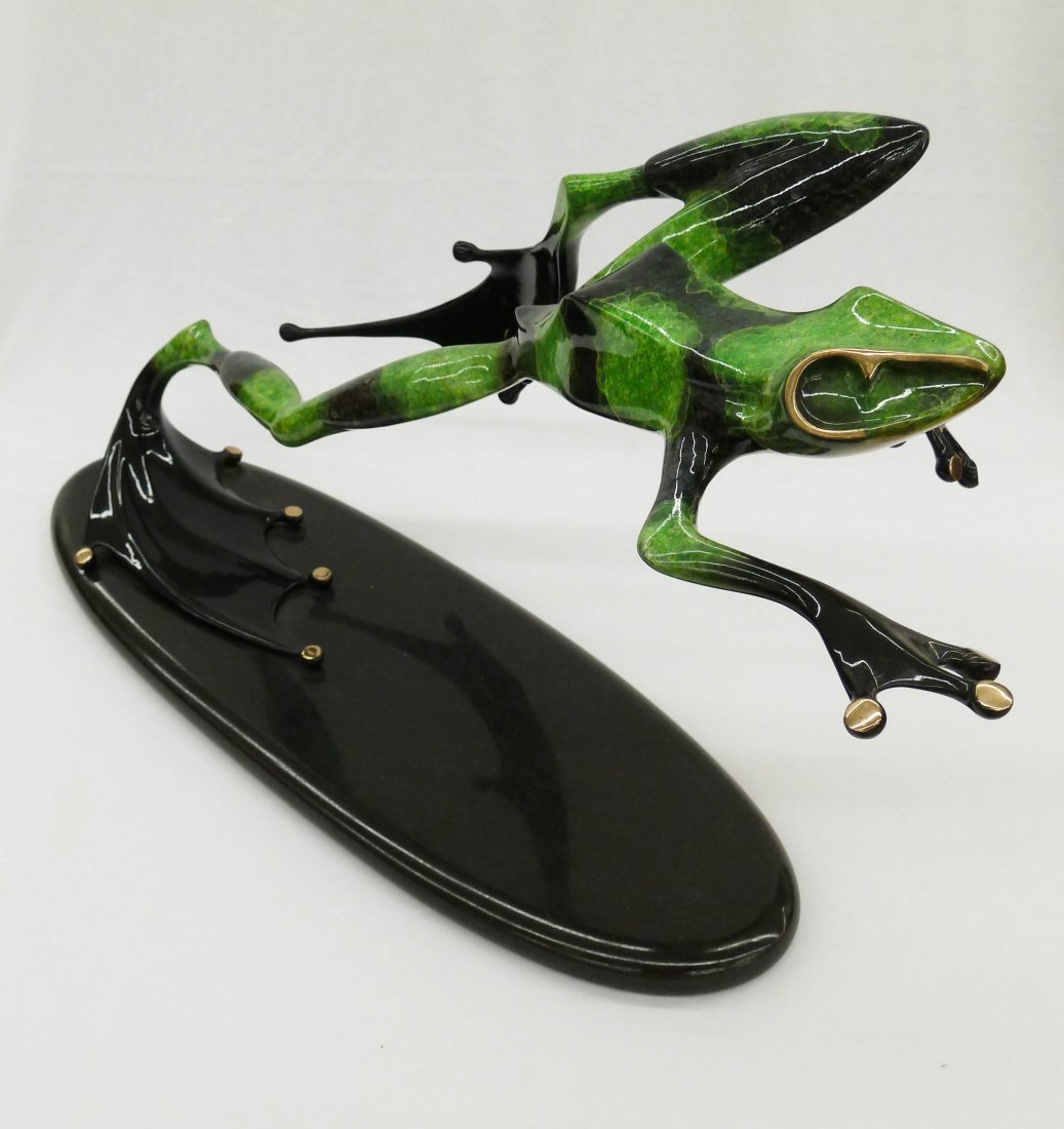 Tim ''Frogman'' Cotterill (b.1950 UK) ''Jumping fo: Tim ''Frogman'' Cotterill (b.1950 UK) ''Jumping for Joy'' 1995 Bronze Large Frog Sculpture 18''x30''x8''. Numbered 132 of 500.