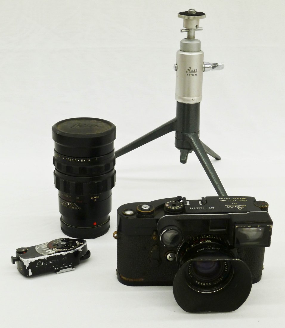 1960 Leica M3 Black Camera Body with Lenses & Acce: 1960 Leica M3 Black Camera Body with Lenses & Accessories. Body Serial No.1038943. Includes Leitz Canada Summmilux 1:1.4 35mm Lens Serial No.1765622 and Leitz Canada Summicron 1:2 90mm Lens Serial No.