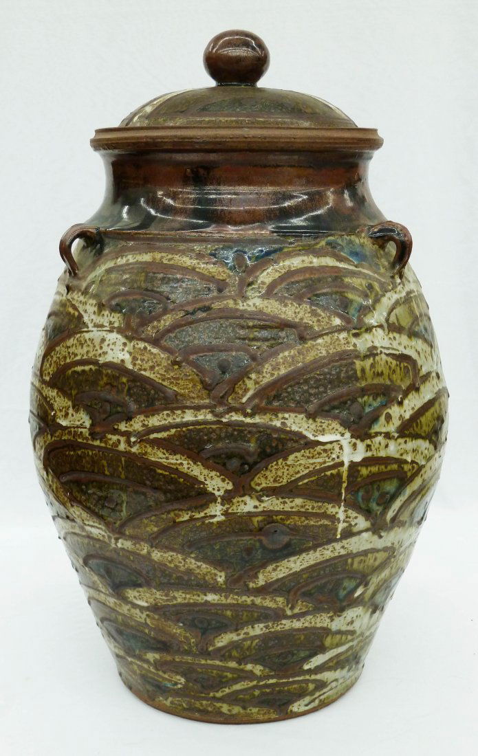 William Creitz (20th Cent. OR) Large Studio Potter: William Creitz (20th Cent. OR) Large Studio Pottery Covered Jar 20''x12''. Comes with original exhibition label from the 1965 Northwest Arts & Crafts Fair. No damage.