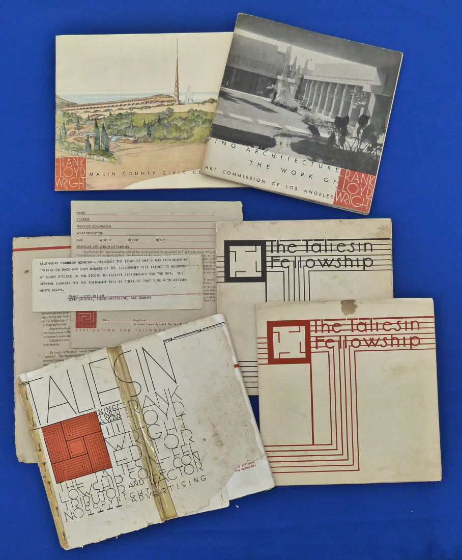 (8) Frank Lloyd Wright Paper Items. Including (3): (8) Frank Lloyd Wright Paper Items. Including (3) Issues of The Taliesin Fellowship including Issue No.1 (Rough Condition). Taliesin enrollment contract and bi-fold. In-house hand typed document for m