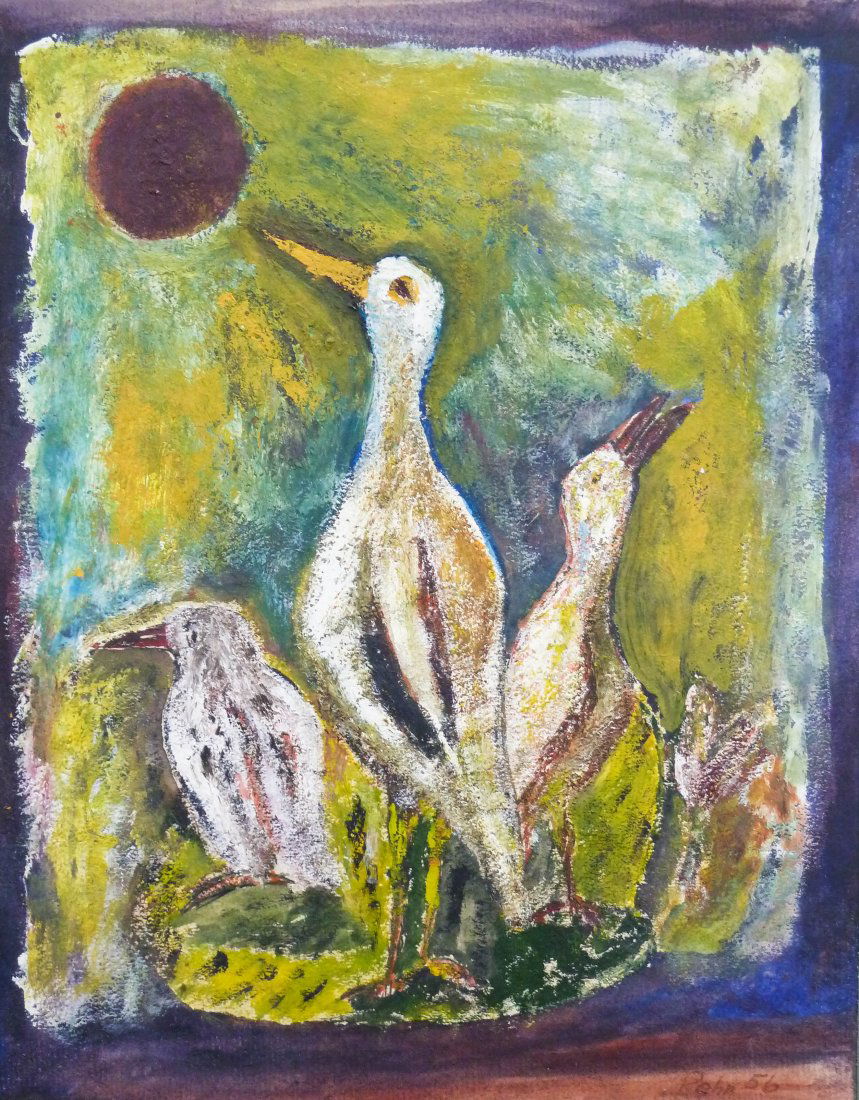 Pehr Hallsten (1897-1965 WA) ''Three Birds'' 1965: Pehr Hallsten (1897-1965 WA) ''Three Birds'' 1965 Tempera/Paper 9.26''x7.25''. Original title/price label on verso.