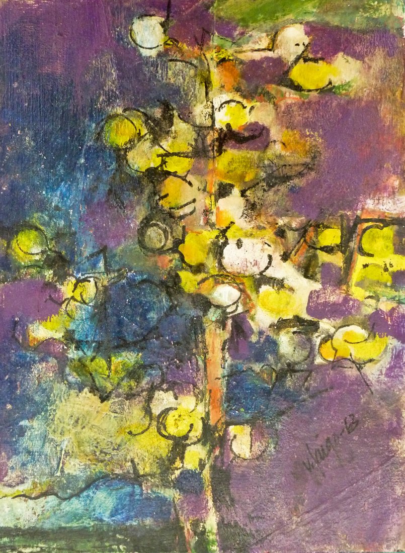 Val Laigo (1930-1992 WA) ''The Lemon Drop Tree'' 1: Val Laigo (1930-1992 WA) ''The Lemon Drop Tree'' 1963 Oil/Board 12''x9''. Original Zoe Dusanne Gallery Label on Verso.