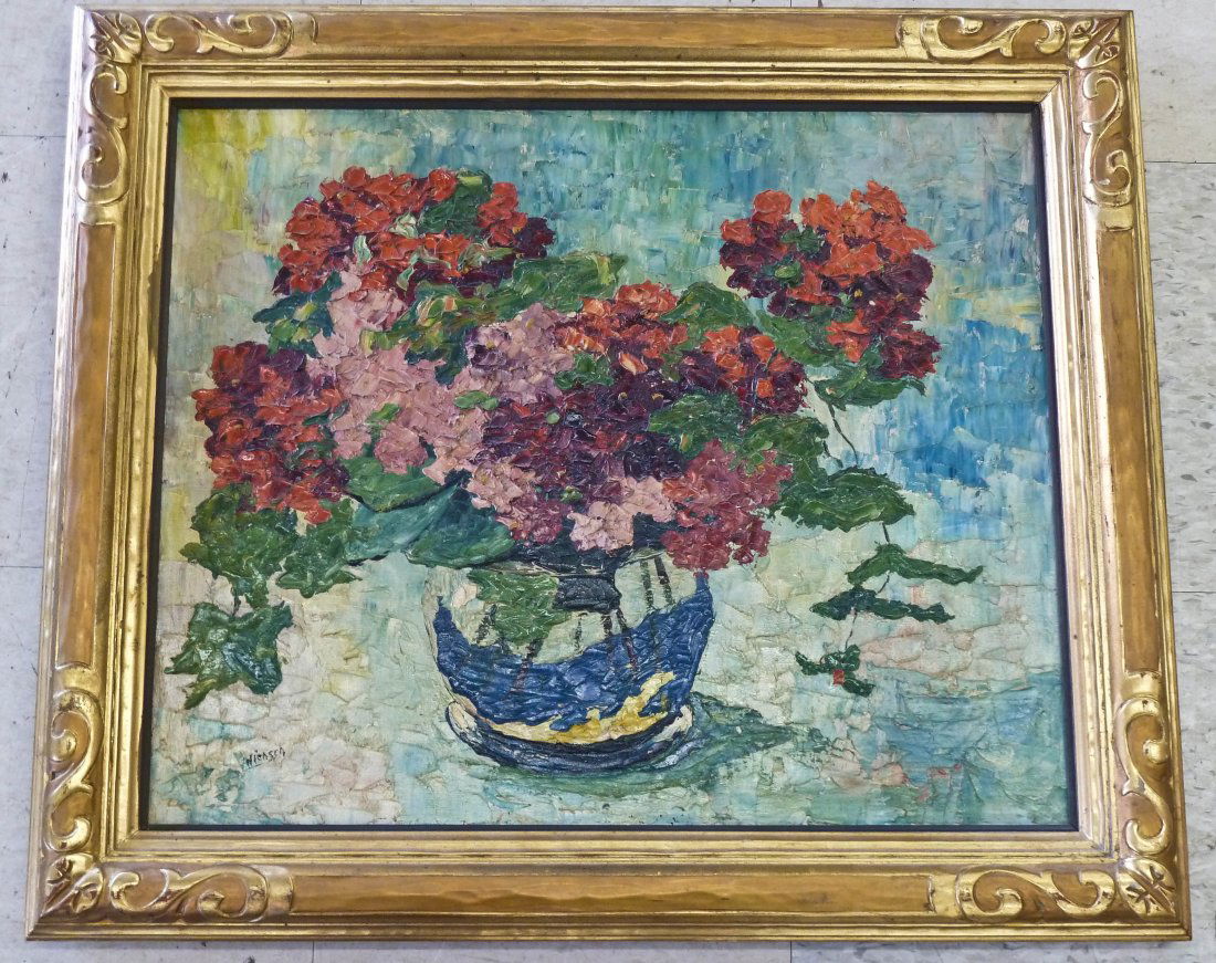 Signed Hiensch German Expressionist Floral Still L: Signed Hiensch German Expressionist Floral Still Life Oil/Canvas 20''x24'' in Carved Gilt 2.75'' Ornate Frame.