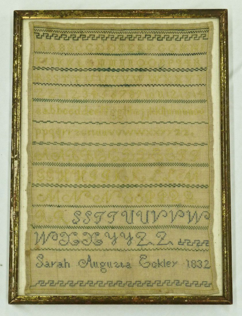 Dated 1832 Needlework Sampler by Sarah Augusta Eck: Dated 1832 Needlework Sampler by Sarah Augusta Eckley 17''x12''
