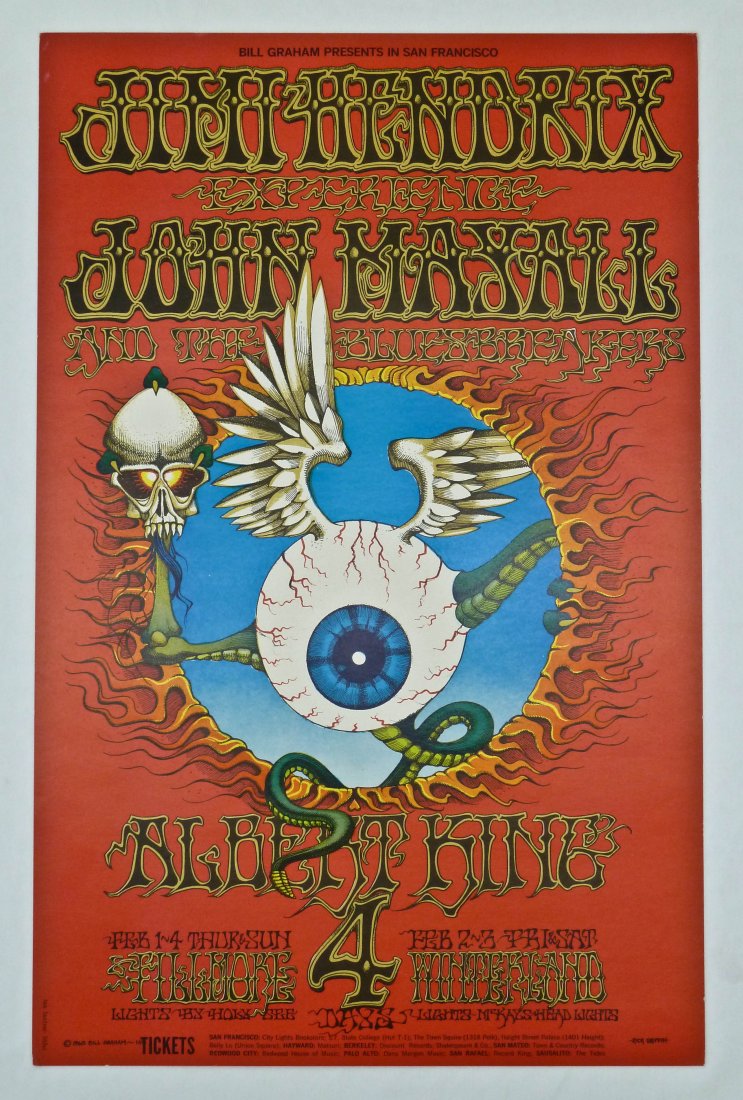1968 Jimi Hendrix ''Flying Eyeball'' Bill Graham C: 1968 Jimi Hendrix ''Flying Eyeball'' Bill Graham Concert Poster from the Fillmore 21.75''x14''. Excellent condition with some slight edge denting.