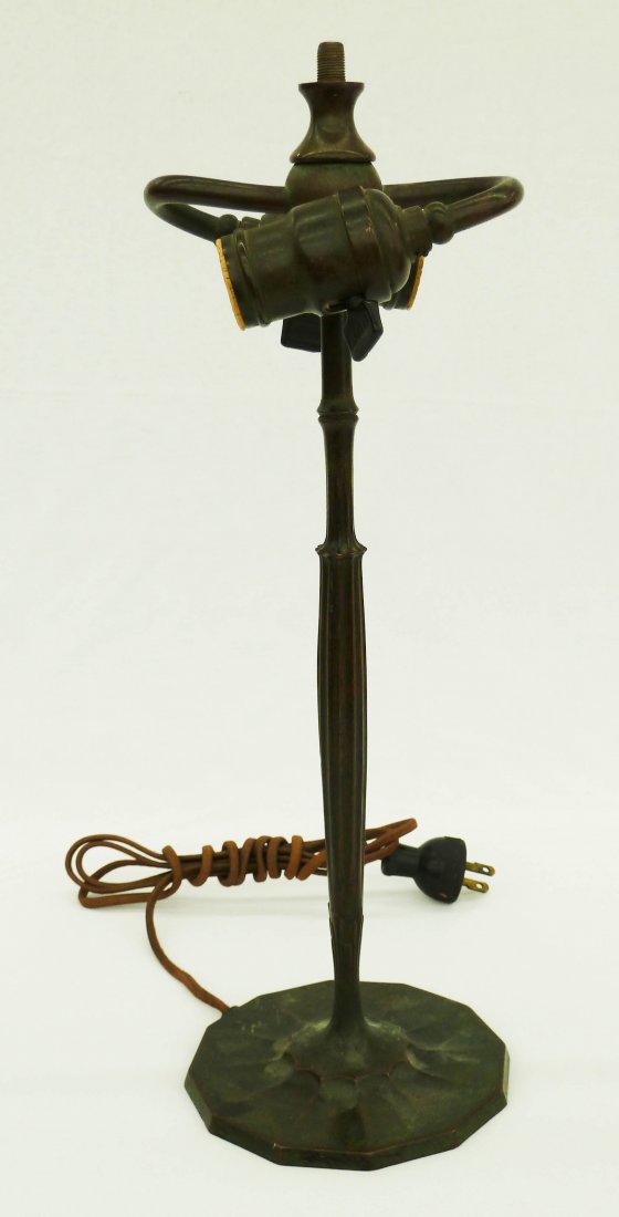 Tiffany Studios #618 Bronze Lamp Base 15.75". Miss: Tiffany Studios #618 Bronze Lamp Base 15.75". Original patina. Missing finial.