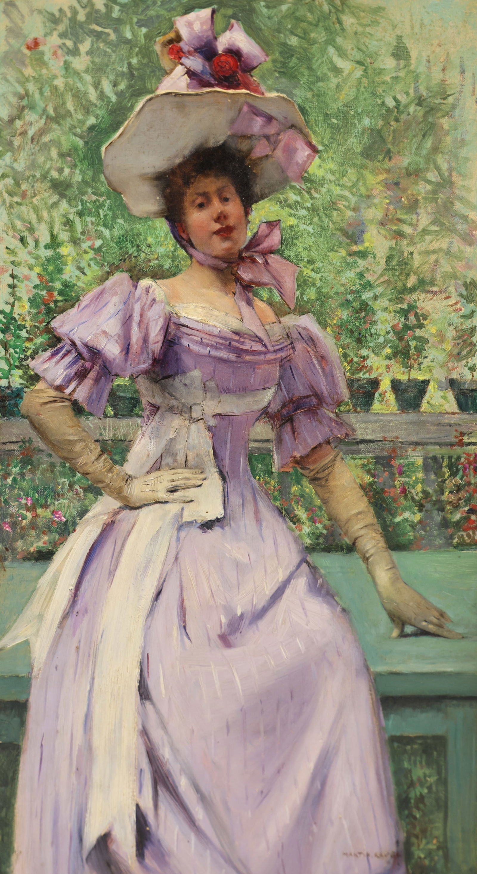 Francois Martin-Kavel ''Lady Debutante'' 1924 Oil: Francois Martin-Kavel (1861-1931 French) ''Lady Debutante'' 1924 Oil on Canvas 22''x12'' Image. Signed and dated l.r. Gilt framing 26''x16''. Professionally cleaned and relined. Excellent condition.