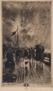 Felix Buhot ''Debarquement en Angleterre'' 1879 Drypoint: Felix-Hilaire Buhot (1847-1898 French) ''Debarquement en Angleterre'' 1879 Drypoint Etching 11.75''x7'' Impression. Pencil signed lower margin. Gallery framed 21''x15.5''. Excellent condition. Not