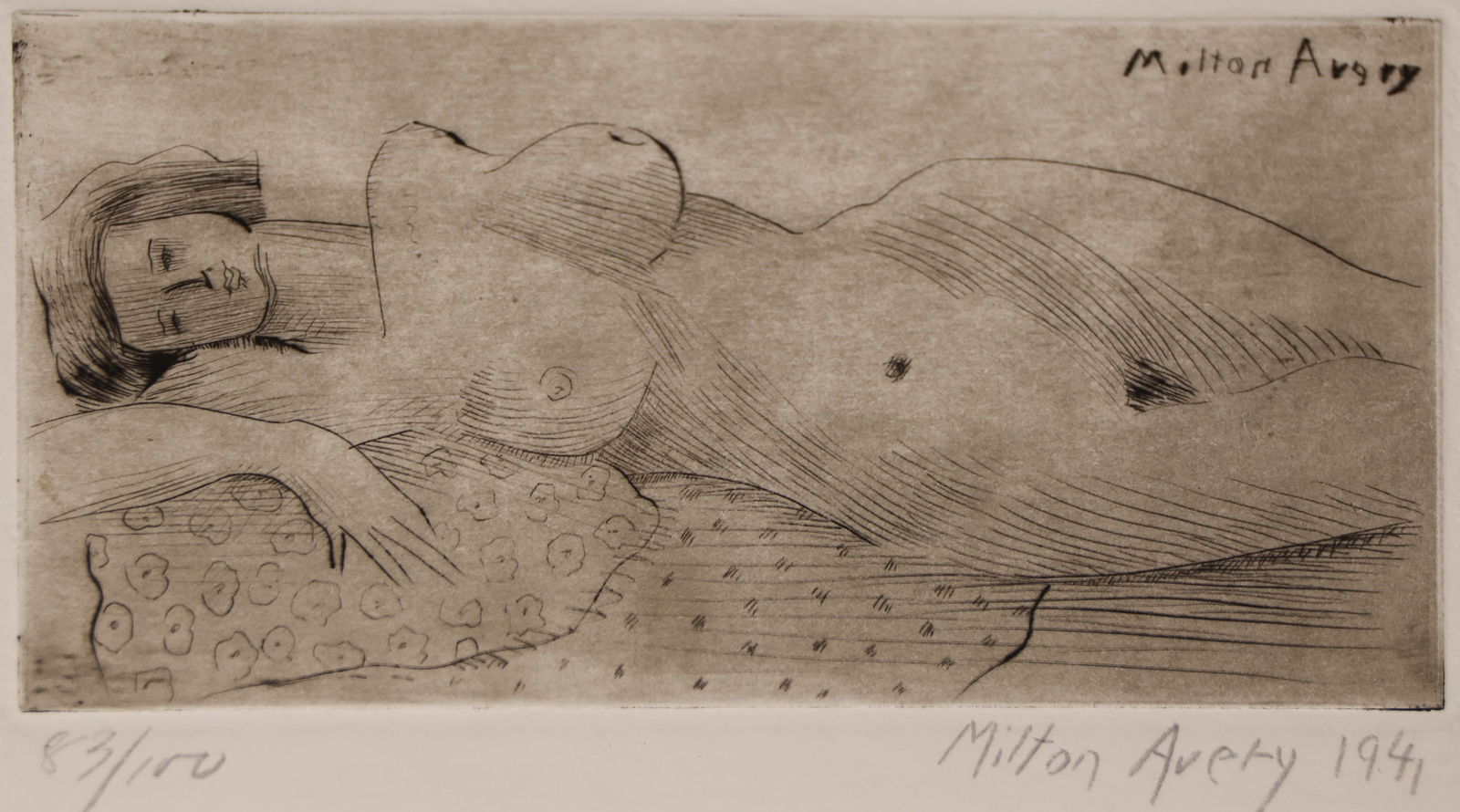 Milton Avery ''Reclining Nude'' 1941 Drypoint Etching: Milton Avery (1885-1965 American) ''Reclining Nude'' 1941 Drypoint Etching 3.5''x7.25'' Impression. Pencil signed and numbered 83 of 100 edition lower margin. Gallery framed 16''x19''. Excellent condi