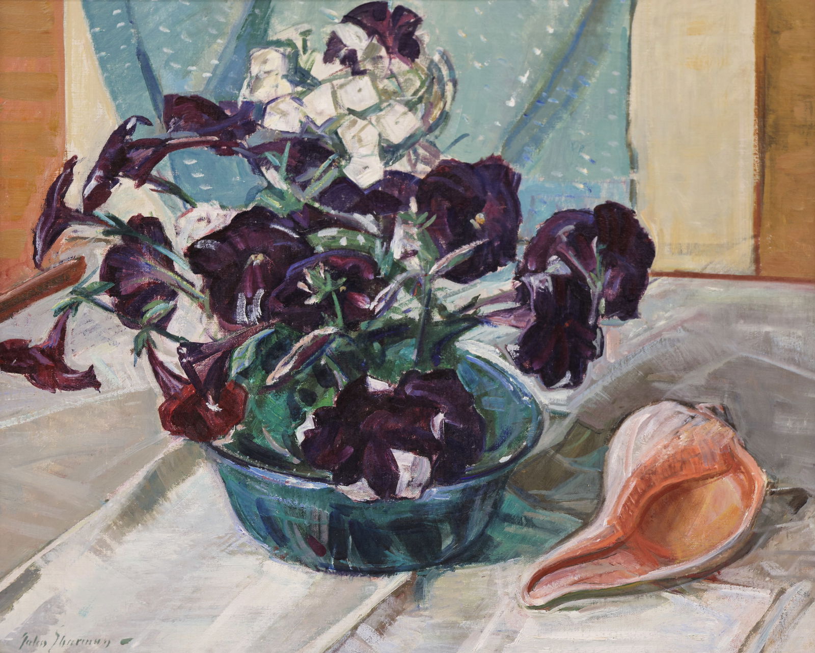 John Sharman ''Petunias'' Oil on Canvas: John Sharman (1879-1971 American) ''Petunias'' Oil on Canvas 20''x24'' Image. Signed lower left. Modern gallery framing 28''x31''. Professionally cleaned. Excellent condition.