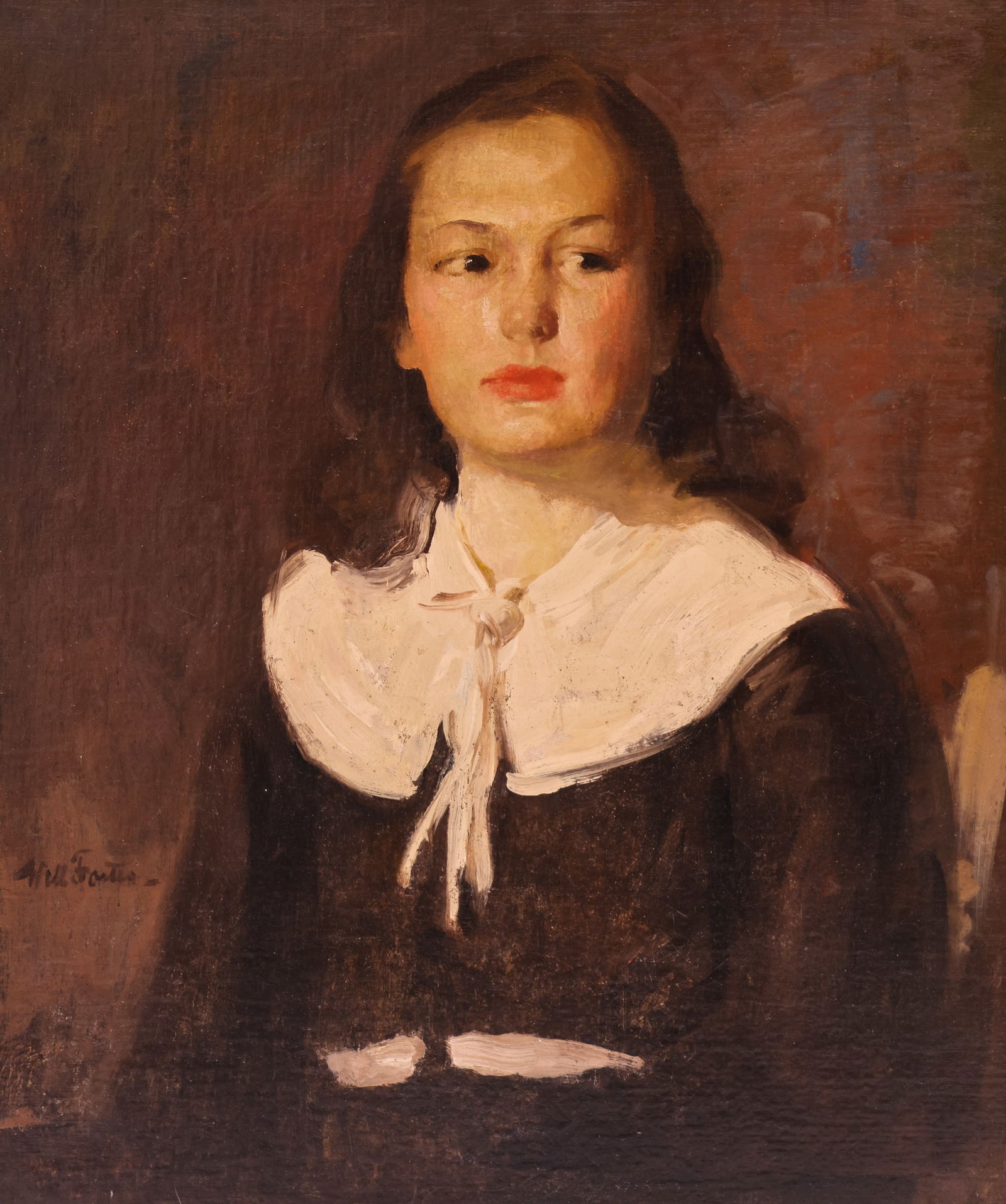 William Frederick Foster ''Portrait of Youth'' Oil: William Frederick Foster (1883-1953 American) ''Portrait of Youth'' Oil on Canvas 30''x25'' Image. Signed middle left. Gilt gallery framing 36''x31''. Professionally cleaned and relined. Some scattere