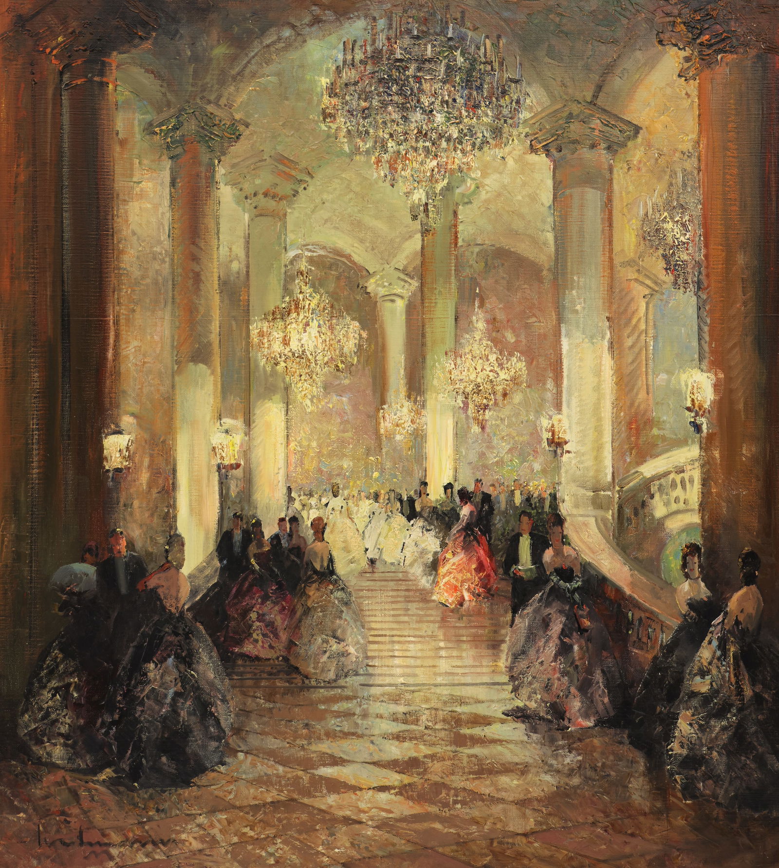 Ludwig Gschossmann ''The Grand Ball'' Oil: Ludwig Gschossmann (1894-1988 German) ''The Grand Ball'' Oil on Canvas 35''x31'' Image. Signed lower left. Original ornate gilt framing 44''x40''. Excellent original condition.
