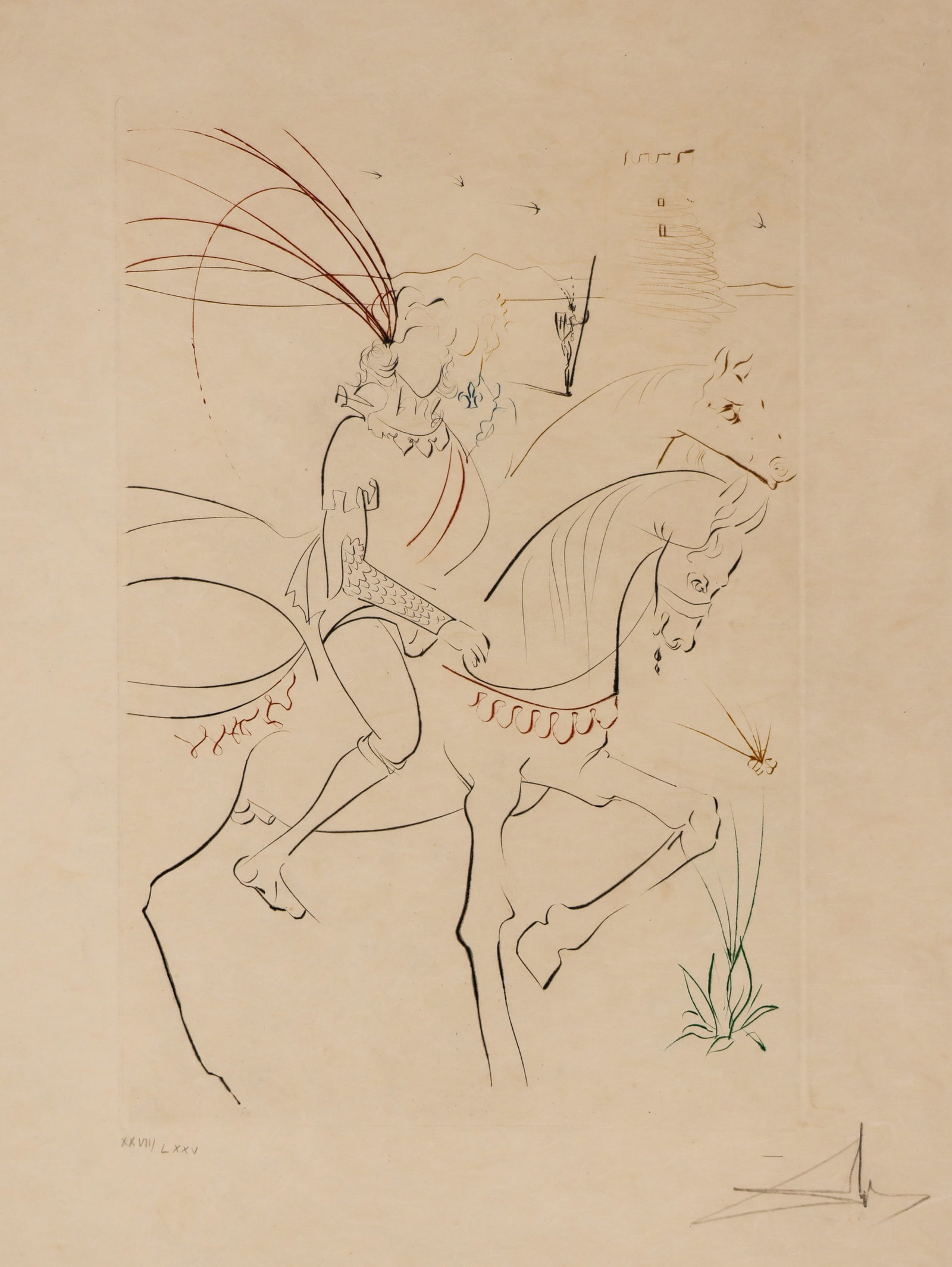 Salvador Dali ''Viviane et Lancelot du Lac'' 1975 Engraving: Salvador Dali (1904-1989 Spanish) ''Viviane et Lancelot du Lac'' 1975 Color Engraving on Japon Paper 15.75''x10.5'' Impression. Pencil signed and numbered XXVII of LXXV (27 of 75) edition lower margin