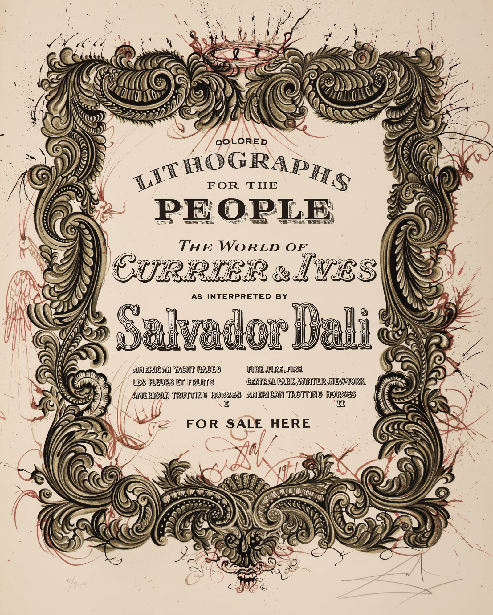 Salvador Dali ''Dali's Presentation'' 1971 Photolith: Salvador Dali (1904-1989 Spanish) ''Dali's Presentation'' (Currier & Ives Title Page) 1971 Two-Color Photolith 32''x25'' Sheet. Pencil signed and numbered 41 of 300 edition lower margin. Published by 