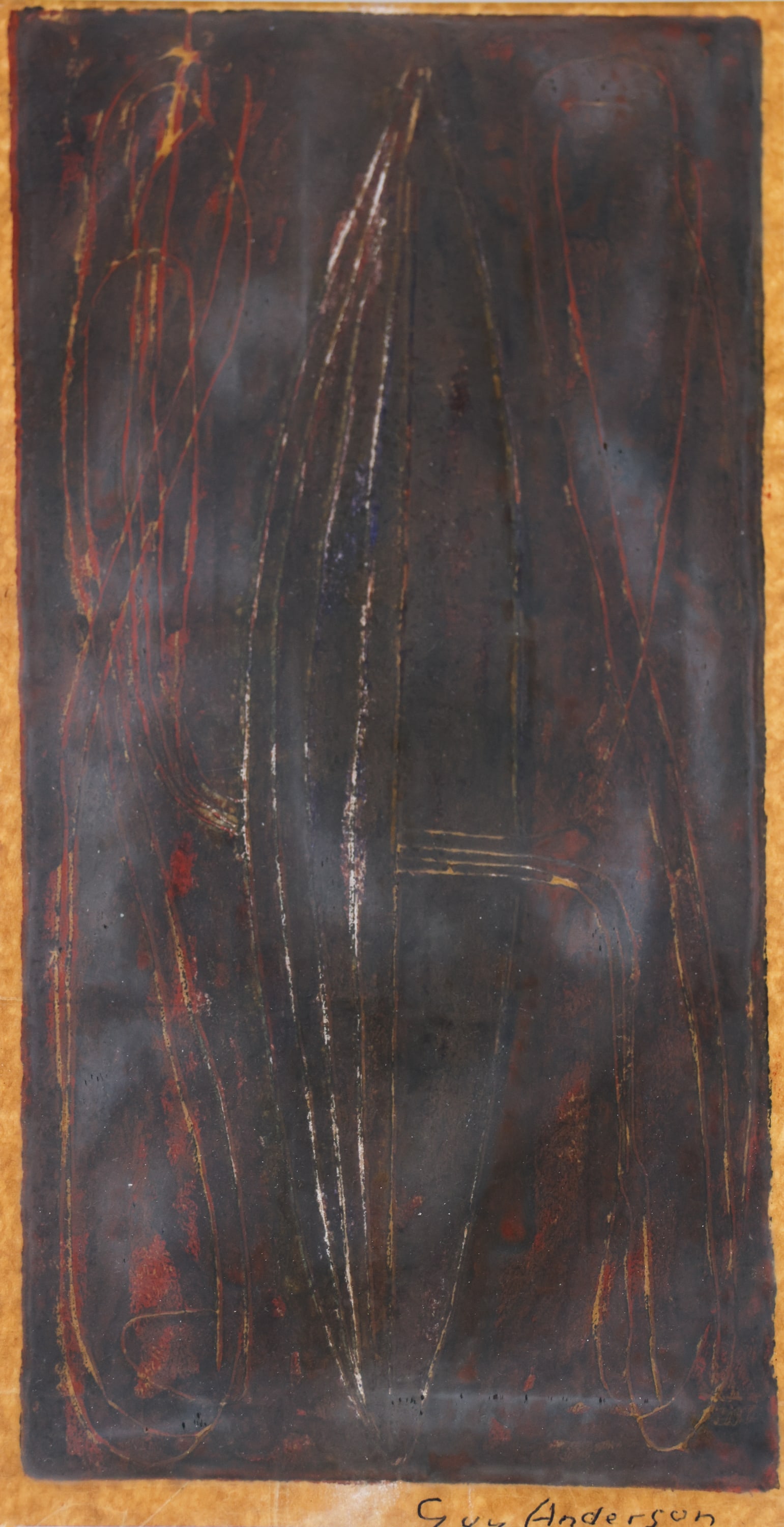 Guy Anderson ''Haida Night Journey'' Woodblock: Guy Anderson (1906-1998 Washington) ''Haida Night Journey'' Woodblock 12.5''x6.5'' Image. Signed in ink lower margin. Silver gilt gallery framing 22''x15''. Even toning throughout, possibly original t