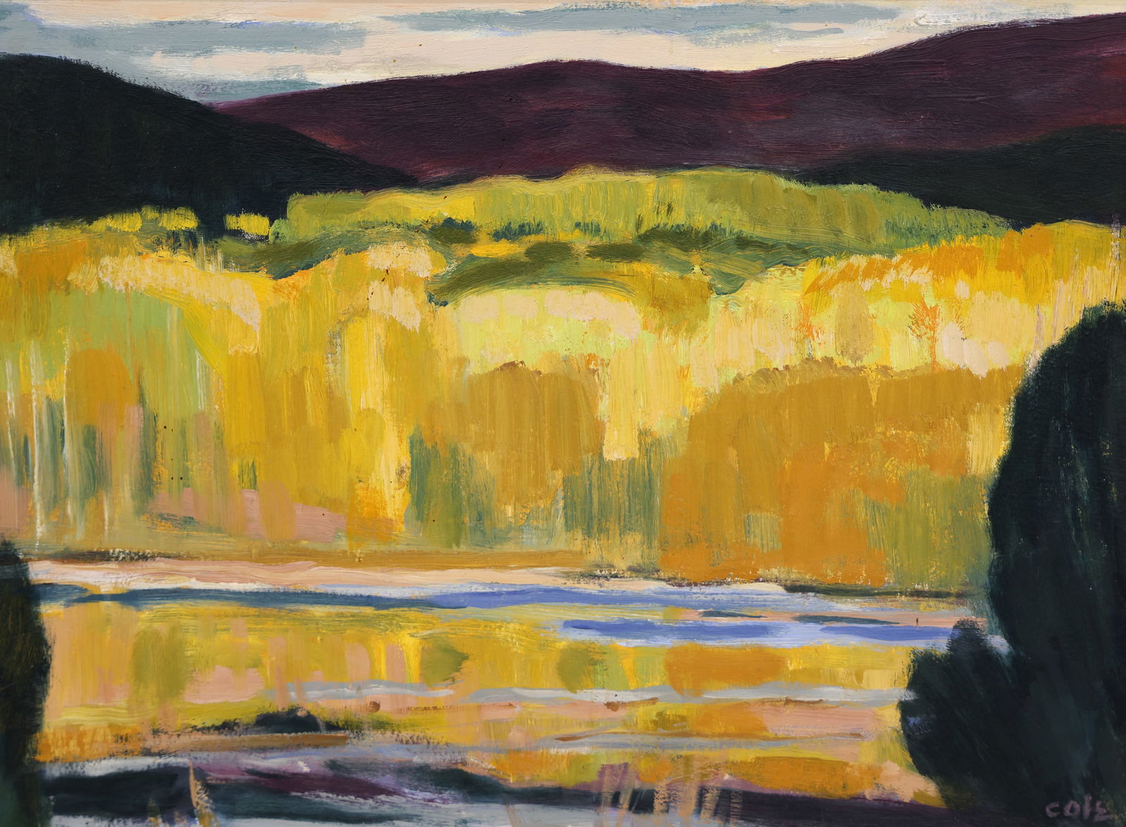 John Cole ''Badger Lake'' 1998 Oil on Board: John Cole (1937-2007 Washington) ''Badger Lake'' 1998 Oil on Board 12''x16'' Image. Signed l.r. with Lisa Harris Gallery, Seattle label on verso. Gallery framed 19.5''x23.5''. Excellent condition.
