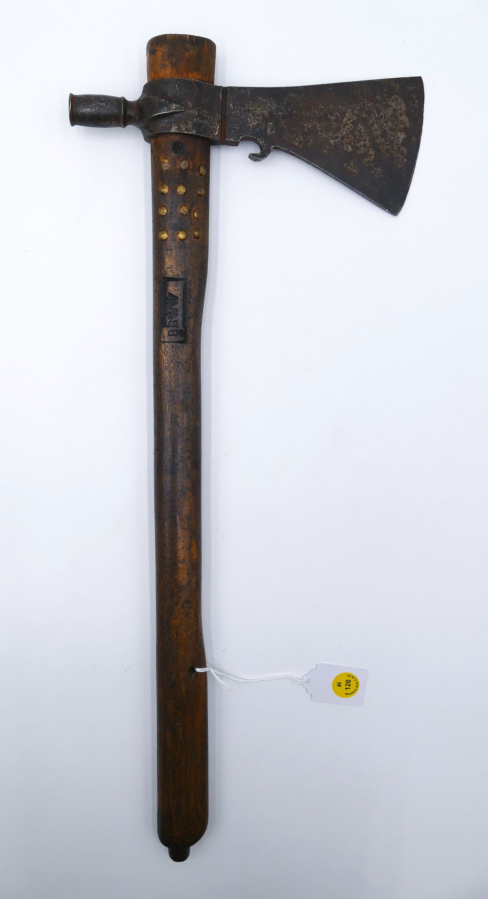 Old Plains Indian Pipe Tomahawk with Branded Handle (1 of 3)