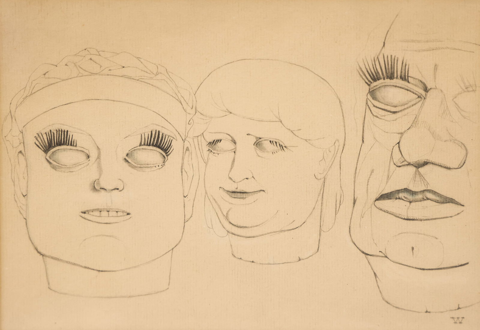 Werner Wildner ''Faces'' Graphite: Werner Wildner (1925-2004 Tennessee) ''Faces'' Graphite on Paper 7.5''x10'' Sight. Initialed l.r. with bio label on verso. Original framing 15''x15''. Excellent condition. Not examined outside of fram