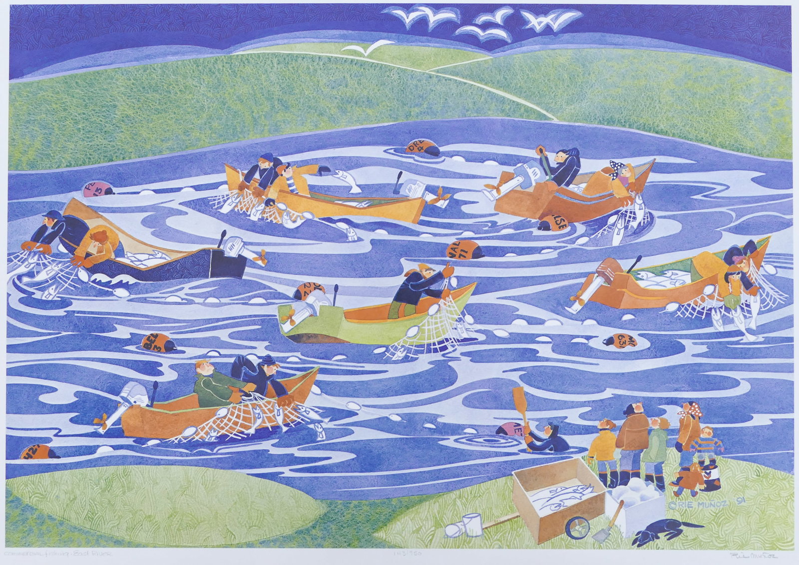 Rie Munoz ''Commercial Fishing - East River'' 1991: Rie Munoz ''Commercial Fishing - East River'' 1991 Signed Print 20.25'' x 27.5'''' Sheet. Numbered 143 of 950 edition. Loose, Matted.