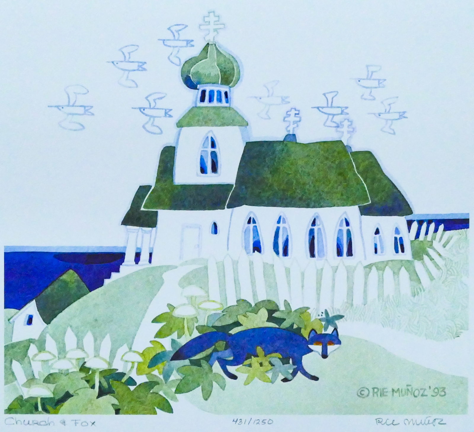 Rie Munoz ''Church & Fox'' 1993 Signed Print (1 of 2)