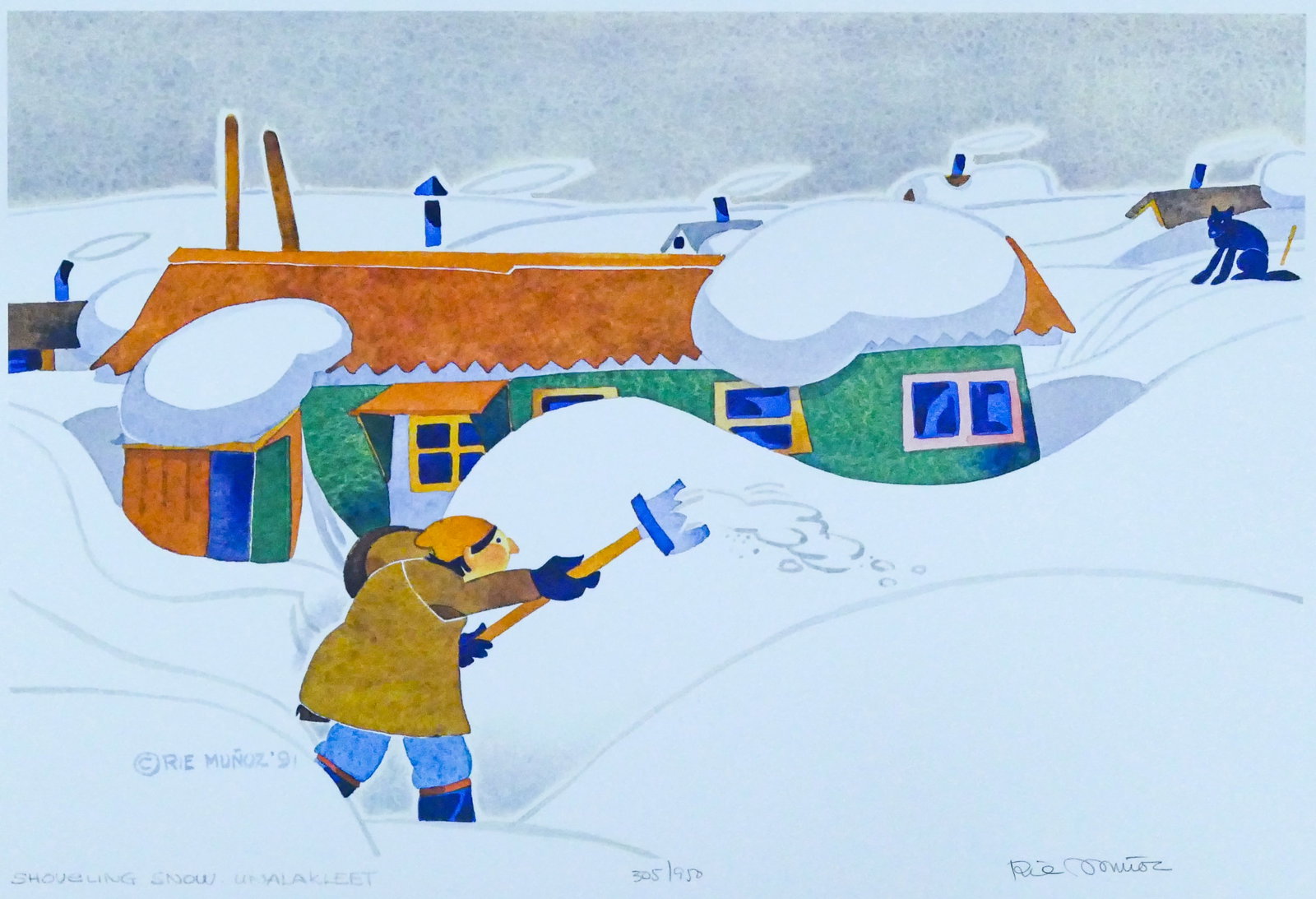 Rie Munoz ''Shoveling Snow, Unalakleet'' 1991 Signed (1 of 2)