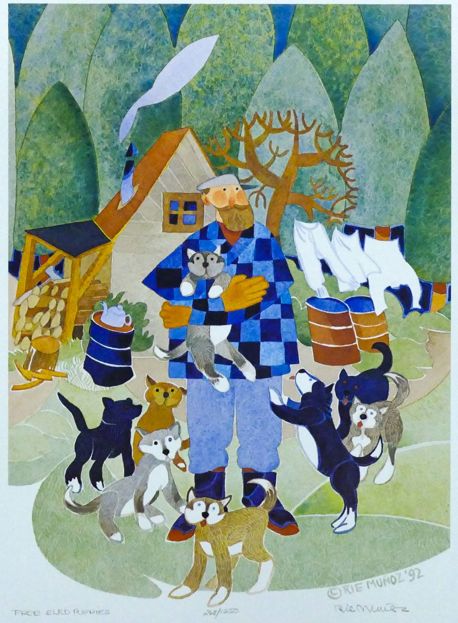 Rie Munoz ''Free Sled Puppies'' 1992 Signed Print (1 of 2)