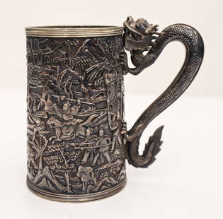 Leeching Chinese Export Silver Dragon Mug: Leeching Chinese Export Silver Dragon Mug 5.5''x6''. Intricate hand worked silver with battles scenes and figural five-clawed imperial dragon handle. Marked ''LC'' on bottom. Excellent condition with