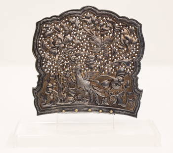 Chinese Repousse Silver Hat Ornament on Stand: Chinese Repousse Silver Hat Ornament on Stand 5.25''x5.5''. Pierced and repousse silver phoenix and lotus flower motifs. Excellent condition. 19th century, Qing dynasty.