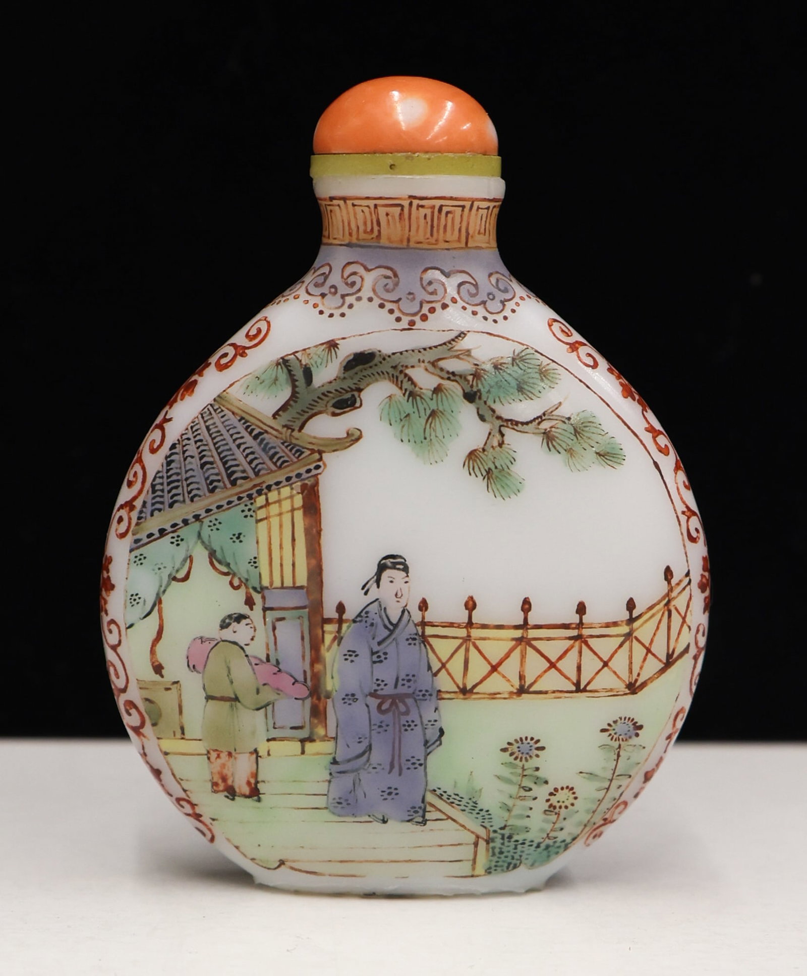 Chinese Enameled Peking Glass Snuff Bottle: Chinese Enameled Peking Glass Snuff Bottle 3''x2.25''. Polychrome enameled scholar and tigers in landscape motifs. Some minor surface wear and glue residue on bottom. Unmarked, likely 18th or 19th cen