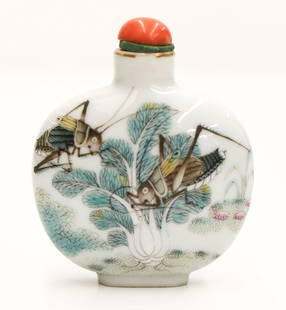 Chinese Guangxu Crickets Porcelain Snuff Bottle: Chinese Guangxu Crickets Porcelain Snuff Bottle 2.5''x2''. Fine polychrome enameling with crickets, bok choy, and frog motifs. Four character red enameled Guangxu mark and likely of the period. Coral