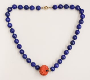 Chinese Lapis and Red Coral Bead Necklace