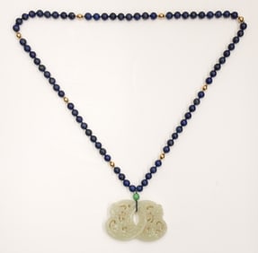 Chinese Lapis with Jade Pendant Necklace