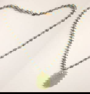 Fine Chinese Jade Pendant Necklace: Fine Chinese Jade Pendant Necklace 30''. Includes 10mm greyish blue jade beads and gold plated fittings. Relief carved pale celadon jade tablet pendant with scholar and calligraphy motifs