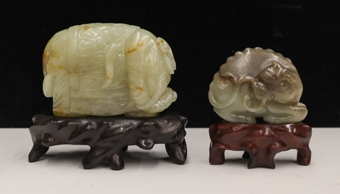 2pc Chinese Jade Animal Carvings on Stands