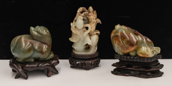 3pc Chinese Jade Pebble Carvings on Stands