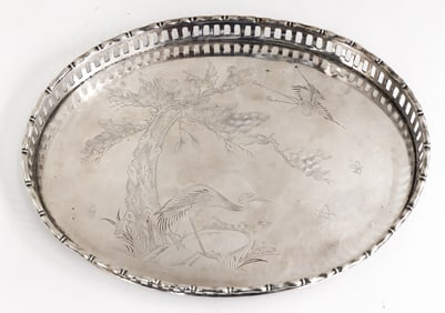 Chinese Silver Oval Footed Tray with Cranes