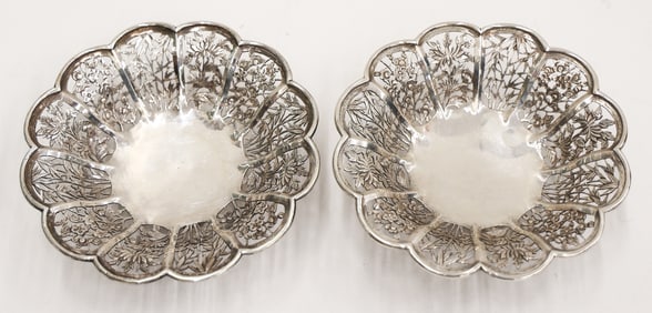 Pair Wang Hing Chinese Export Silver Pierced Bowls