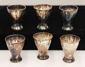 Set of 6 Umeryo Japanese Fine Silver Wine Cups