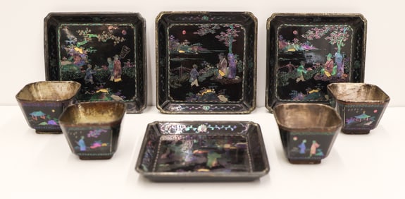 8pc Jiang Qianli Lac Burgaute Wine Cups & Trays