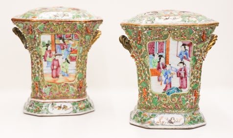 Pair Chinese Canton Porcelain Bough Pots
