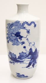 Chinese Blue & White Dragon with Monk Vase