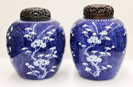 Pair Chinese Blue & White Prunus Jars
