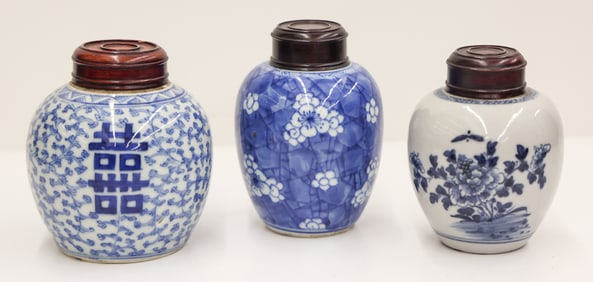3pc Chinese Blue & White Porcelain Small Jars